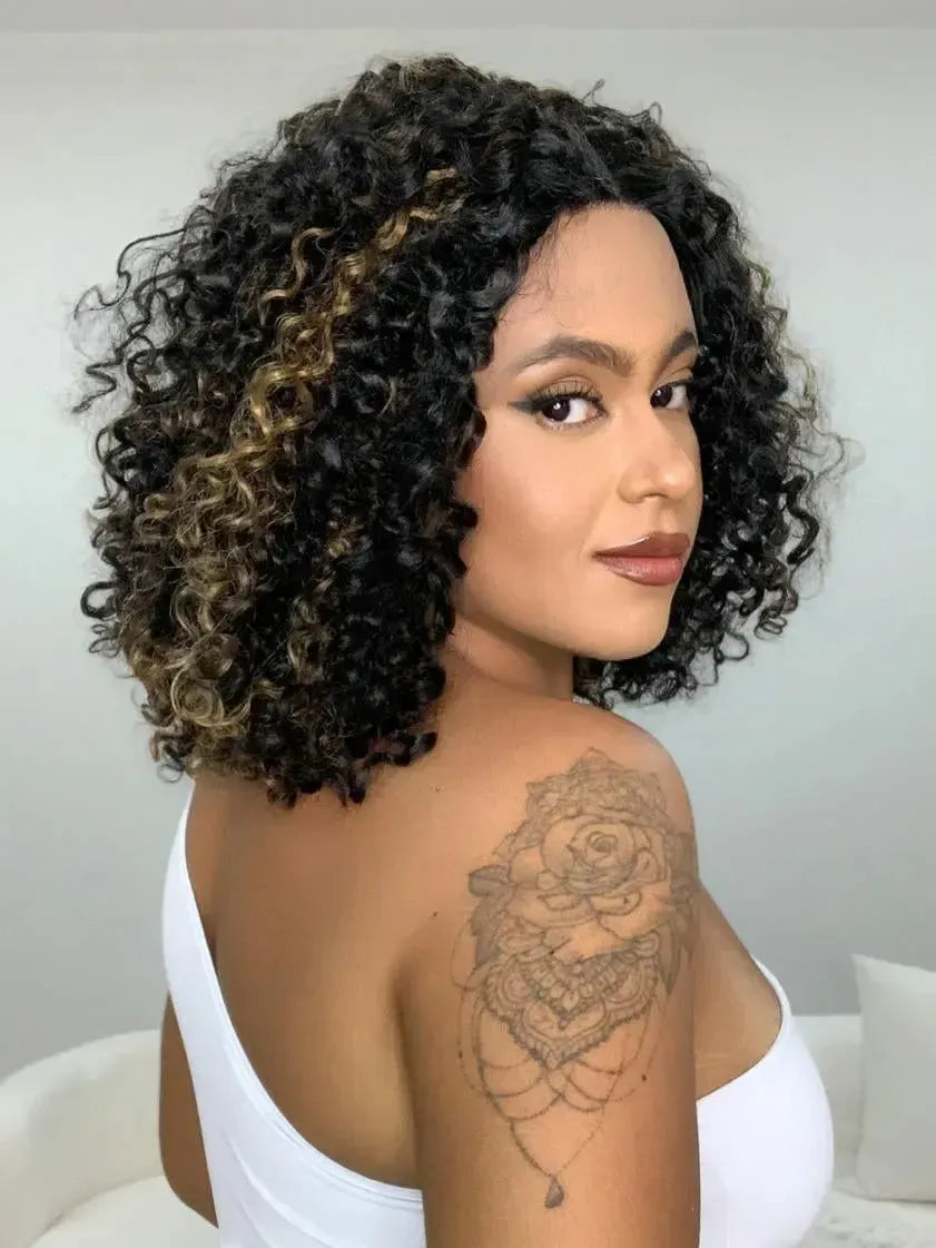 Lace Front Bio Fibra Donna Castanho com Luzes Cacheada