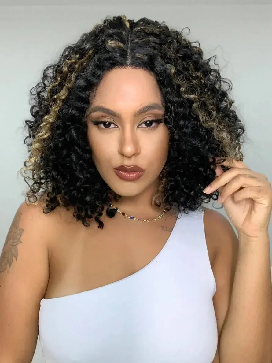 Lace Front Bio Fibra Donna Castanho com Luzes Cacheada