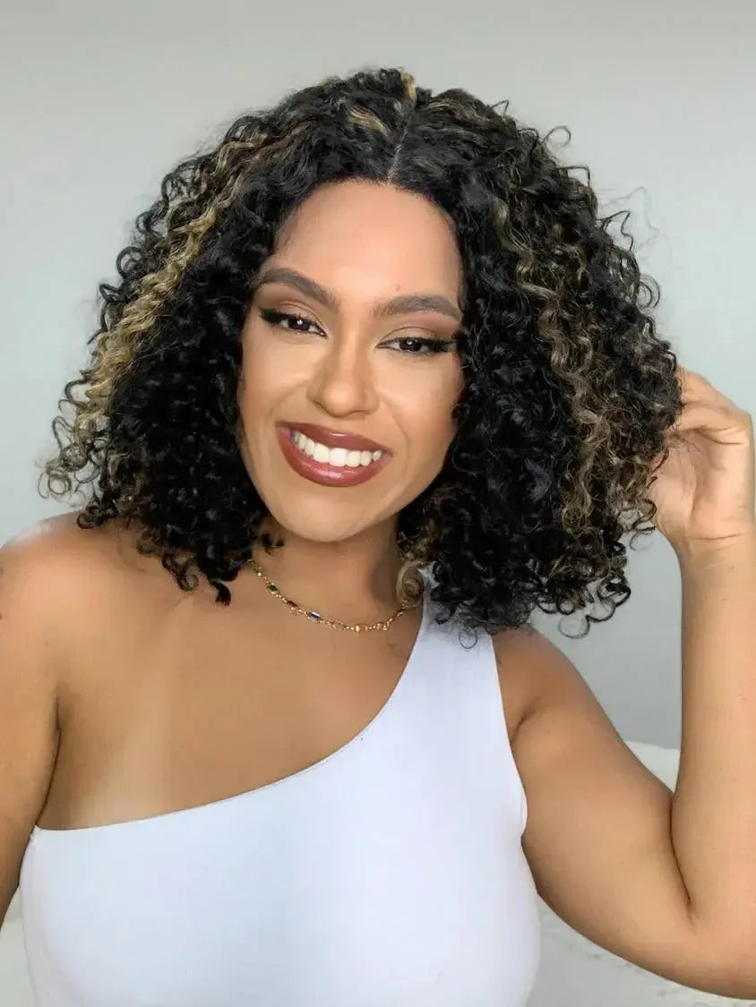 Lace Front Bio Fibra Donna Castanho com Luzes Cacheada