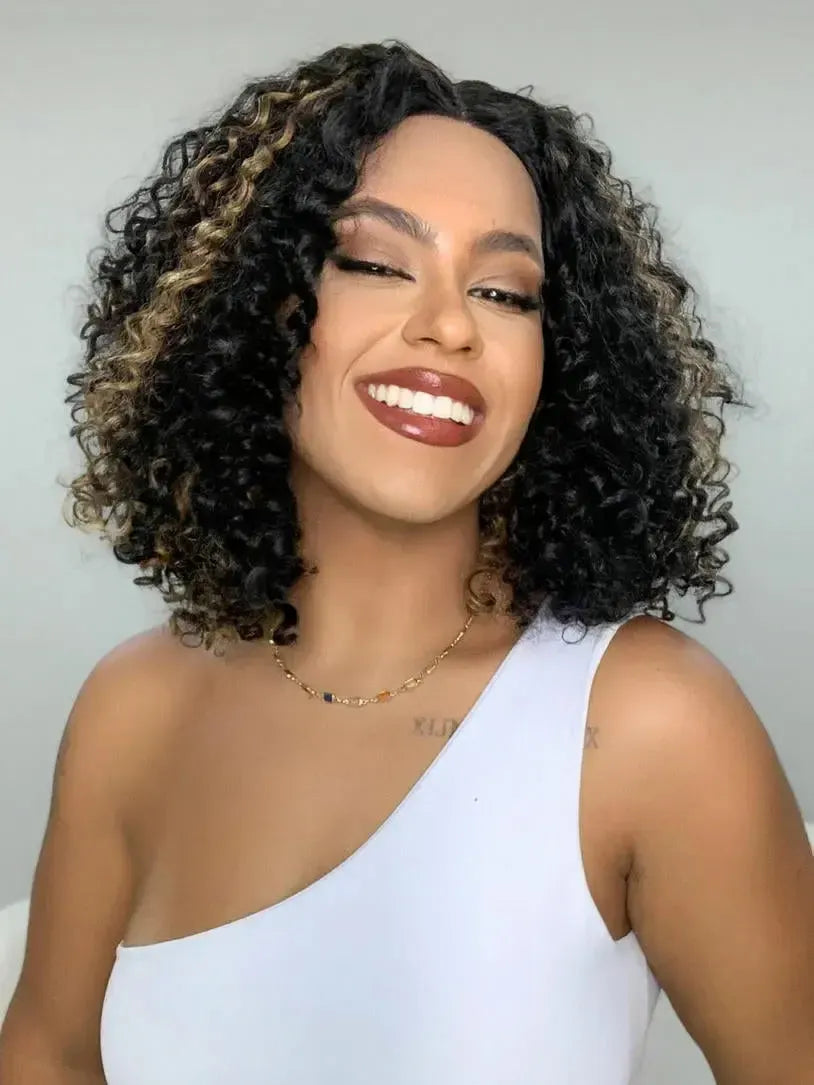 Lace Front Bio Fibra Donna Castanho com Luzes Cacheada
