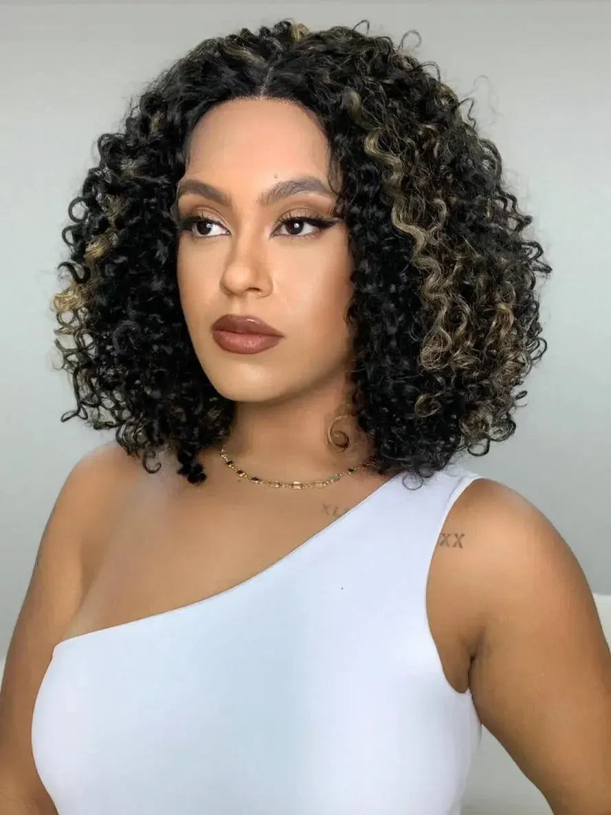 Lace Front Bio Fibra Donna Castanho com Luzes Cacheada