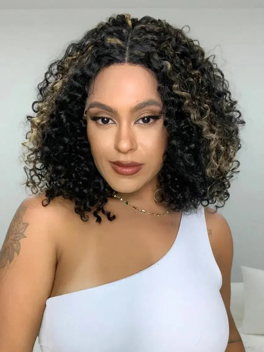 Lace Front Bio Fibra Donna Castanho com Luzes Cacheada
